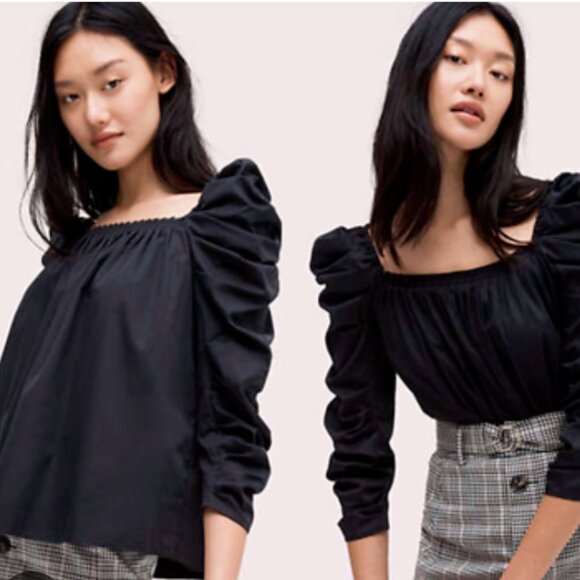 kate spade Tops - Kate Spade | Black Ruched Puff Sleeve Square-Neck Poplin Blouse Top, size 12
